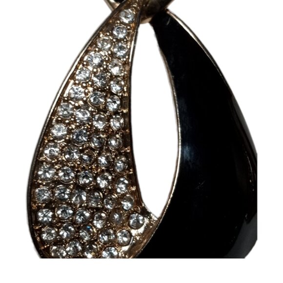 VINTAGE 1980s Gold Tone Black Enamel Dangle Drop Earrings Pierced Rhinestones - Picture 5 of 9
